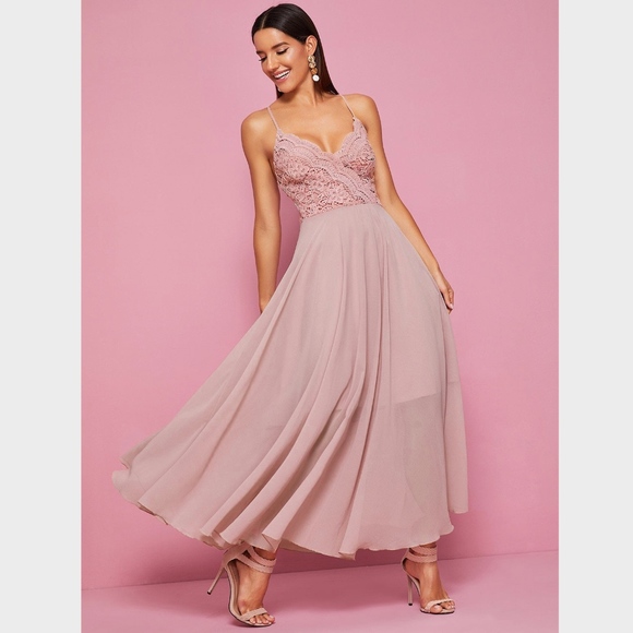 Pink Lace Detail V-Neck Cami Flared Maxi Dress - Picture 2 of 8